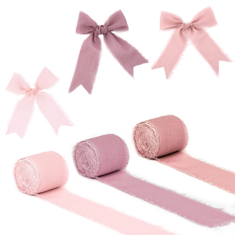 AIEX 3 Rolls 2 Inch x 7 Yard Chiffon Silk Ribbon Handmade Smooth Soft SilkLike Fringe Chiffon Ribbon for DIY Crafts Photography Modeling Festival Ornament 3 Colors Pink Series