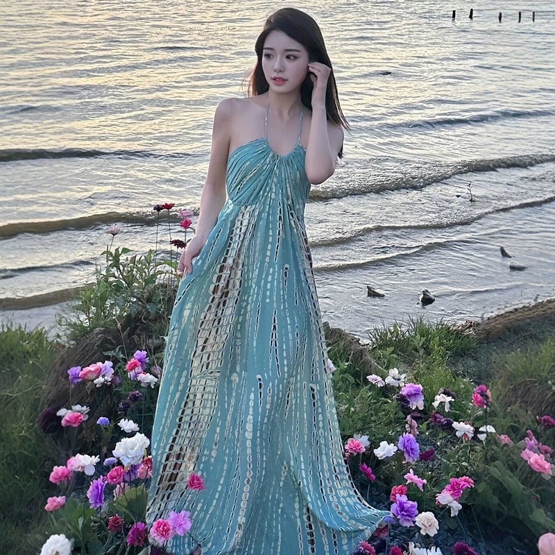 French Style Halter Neck Sleeveless Flowy Maxi Dress for Women - Image 1