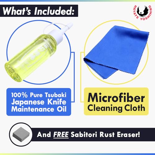 Yoshihiro 100% Pure Tsubaki Japanese Knife Maintenance Oil 3.4oz(100ml) with Complimentary Sabitori Rust Eraser and Microfiber Cloth - Image 5