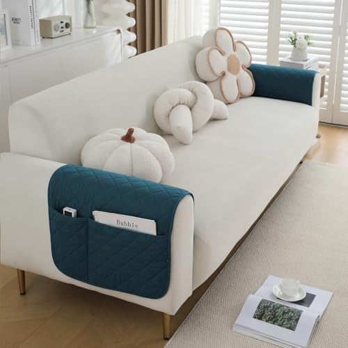 HOKIPO Polyester Blend Quilted Waterproof Sofa Armrest Cover with Pockets (2Pcs) - Peacock Blue (AR-5271-PBLU*2-L) - Image 5