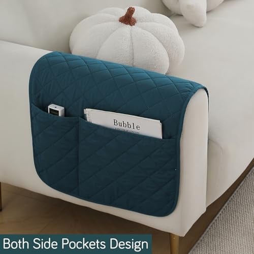 HOKIPO Polyester Blend Quilted Waterproof Sofa Armrest Cover with Pockets (2Pcs) - Peacock Blue (AR-5271-PBLU*2-L) - Image 2