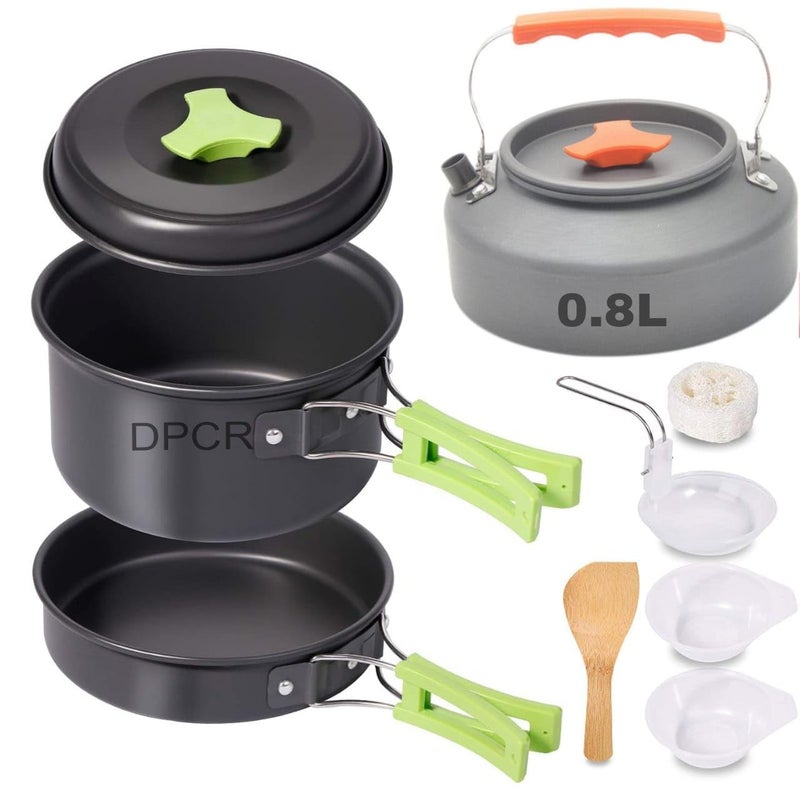 DPCR 9 Pcs Camping Cooking Set with Portable Kettle 0.8L, Camping Accessories for Outdoor ，Camping Utensils with Carry Bag (Cookware Set + Portable Kettle) - Image 1
