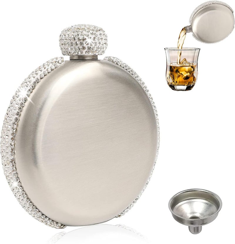 INTOR Hip Liquor Flask for Women, Leakproof Wine Flasks 304 Stainless Steel Rhinestone Portable Flask with Funnel, Women Girls Bling Gift(Silver/5oz) - Image 1
