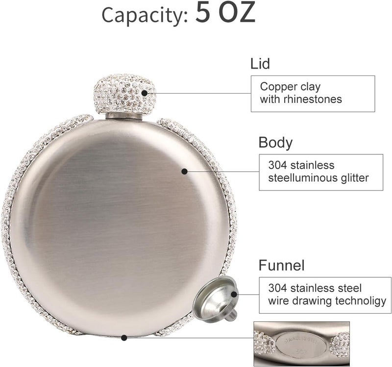 INTOR Hip Liquor Flask for Women, Leakproof Wine Flasks 304 Stainless Steel Rhinestone Portable Flask with Funnel, Women Girls Bling Gift(Silver/5oz) - Image 3