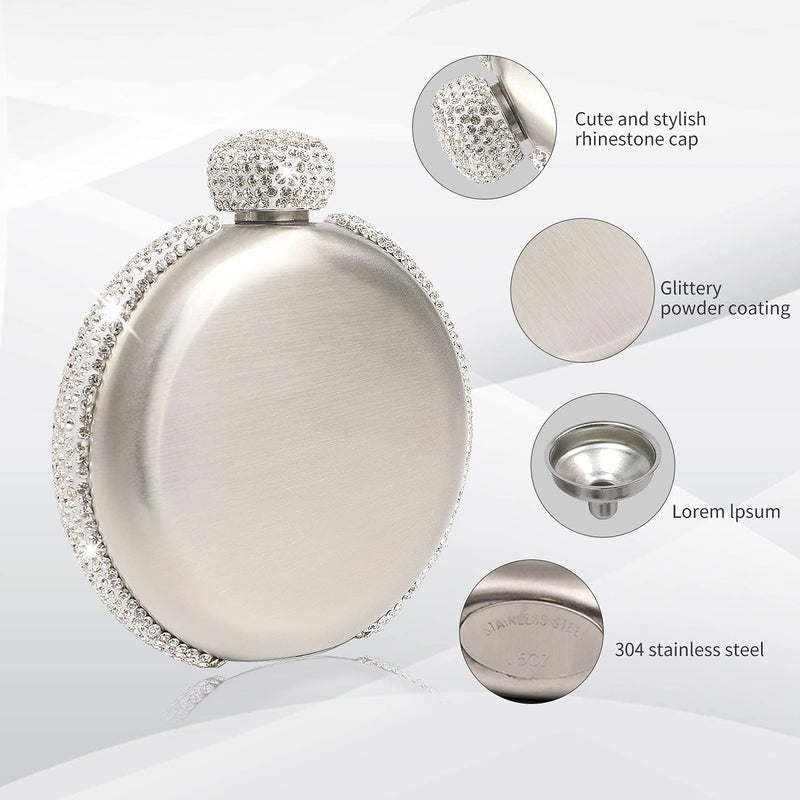 INTOR Hip Liquor Flask for Women, Leakproof Wine Flasks 304 Stainless Steel Rhinestone Portable Flask with Funnel, Women Girls Bling Gift(Silver/5oz) - Image 5