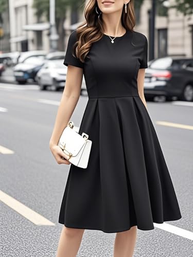 oxiuly Vintage Black Hepburn Style Dressed for Women 2024 Elegant Modest Fit and Flare Swing Sunday Vacation Holiday Party Cocktail Church Wedding Dress S253 Black XL - Image 3