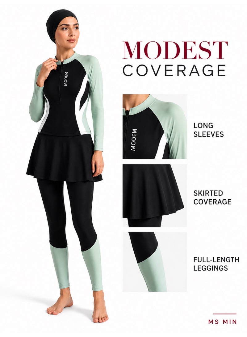 MS MIN Modest 4-Piece Swimsuit Set for Women, Black Green Full Coverage Swimwear with Swim Skirt, Swim Shorts & Swim Cap, Long Sleeve UV Protection Bathing Suit for Swimming & Beach - Image 3