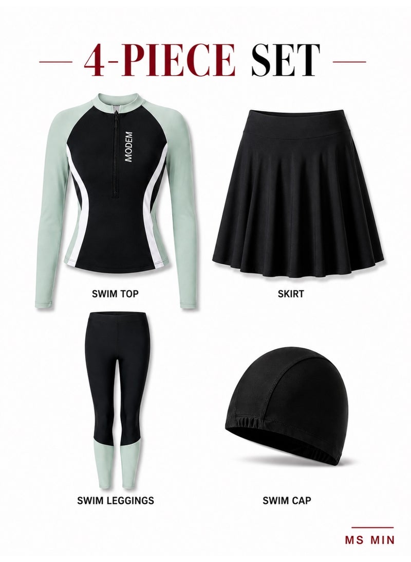 MS MIN Modest 4-Piece Swimsuit Set for Women, Black Green Full Coverage Swimwear with Swim Skirt, Swim Shorts & Swim Cap, Long Sleeve UV Protection Bathing Suit for Swimming & Beach - Image 2
