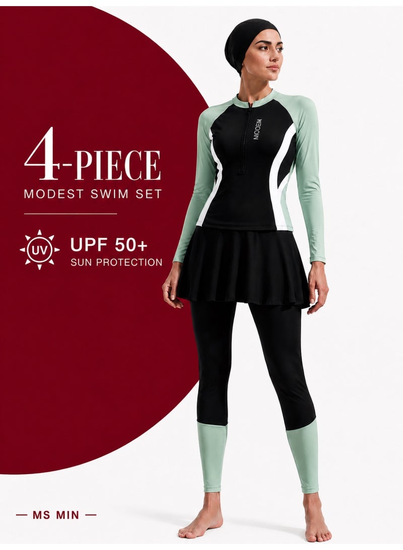 MS MIN Modest 4-Piece Swimsuit Set for Women, Black Green Full Coverage Swimwear with Swim Skirt, Swim Shorts & Swim Cap, Long Sleeve UV Protection Bathing Suit for Swimming & Beach - Image 1