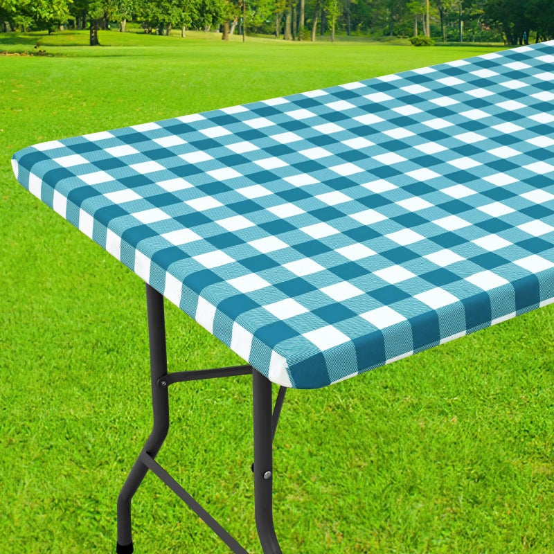 Smiry Rectangle Picnic Table Cloth, Elastic Waterproof Fitted Vinyl Tablecloths, Flannel Backed Buffalo Plaid Table Covers for Dining, Camping, Outdoor (White and Turquoise, 30" x 72") - Image 1