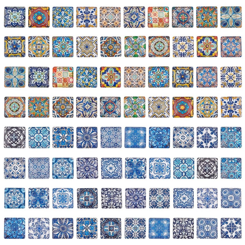 PH PandaHall 80Pcs Square Glass Cabochons 15mm Mosaic Cabochons Flower Pattern Mosaic Tiles Supplies Glass Dome Cabochons for Crafts Plates Picture Frames Flowerpots Earrring Jewelry