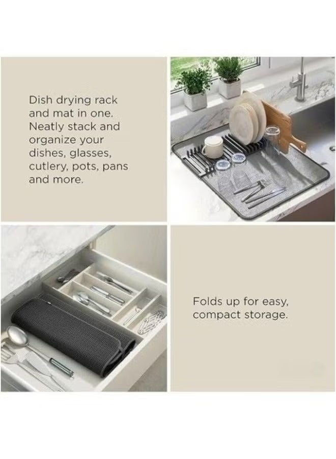 Dish rack and microfiber drying mat - space-saving design that folds for easy storage, basic rack, gray - Image 3