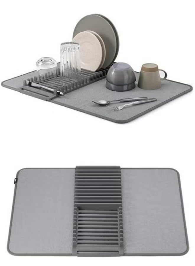 Dish rack and microfiber drying mat - space-saving design that folds for easy storage, basic rack, gray - Image 2