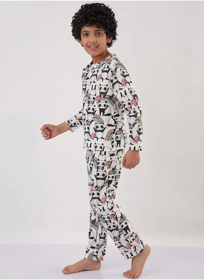 انثريلو Anthrilo Boys White All-Over Panda Print Long Sleeve T-Shirt and Pyjama Set