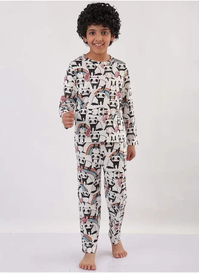 انثريلو Anthrilo Boys White All-Over Panda Print Long Sleeve T-Shirt and Pyjama Set