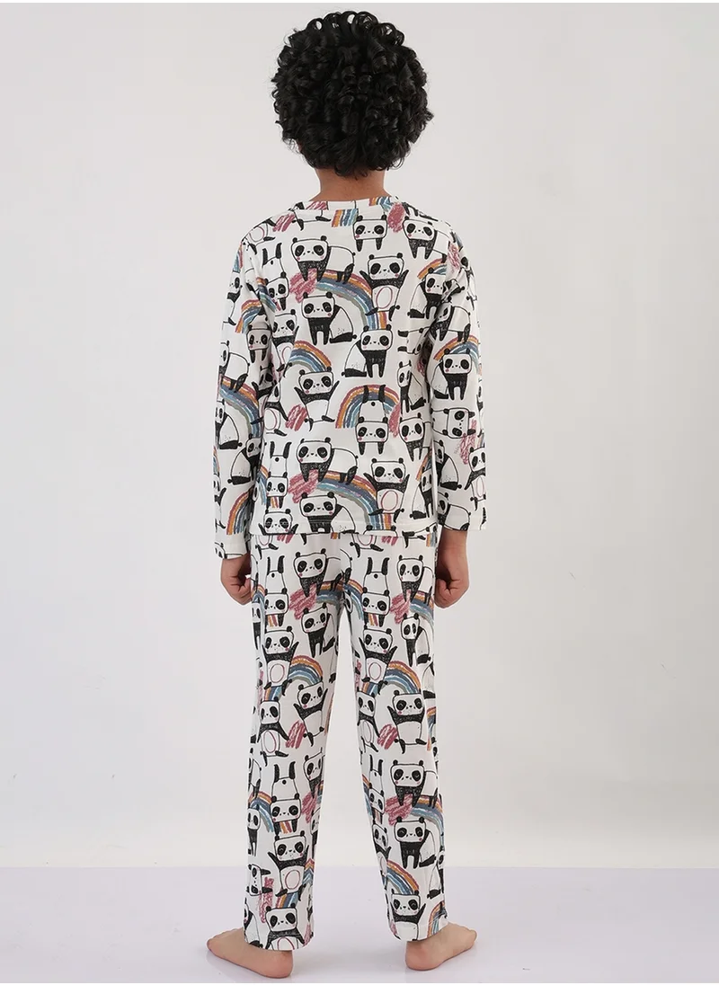 Styli Styli Boys White All-Over Panda Print Long Sleeve T-Shirt and Pyjama Set