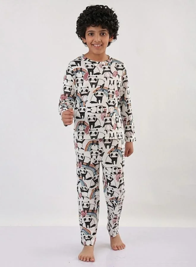 Anthrilo Anthrilo Boys White All-Over Panda Print Long Sleeve T-Shirt and Pyjama Set