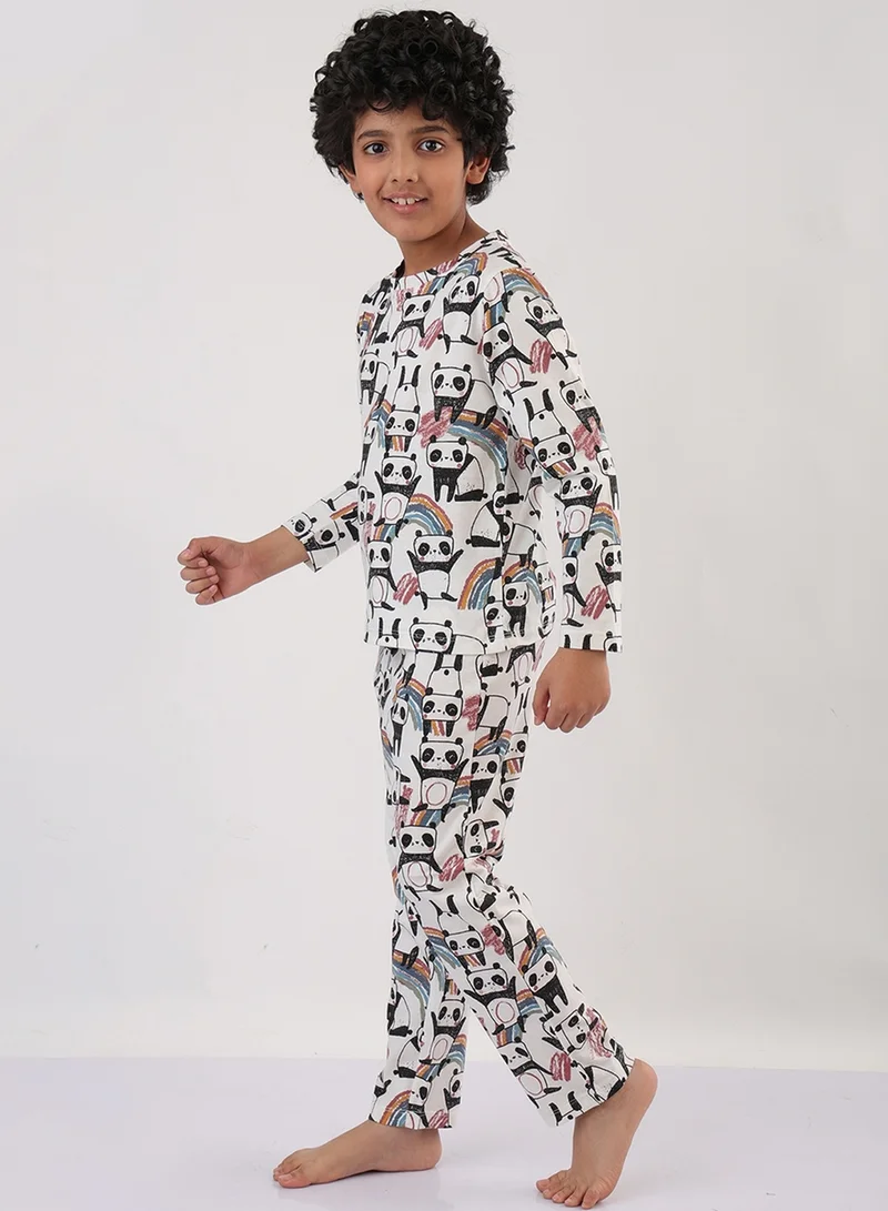 Styli Anthrilo Boys White All-Over Panda Print Long Sleeve T-Shirt and Pyjama Set
