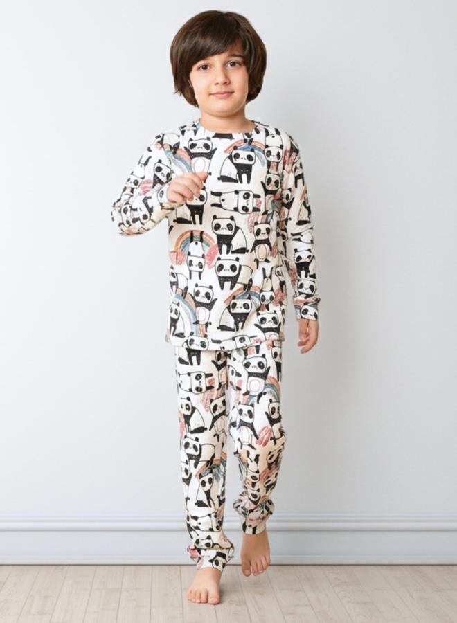 Anthrilo Boys White All-Over Panda Print Long Sleeve T-Shirt and Pyjama Set - Image 1