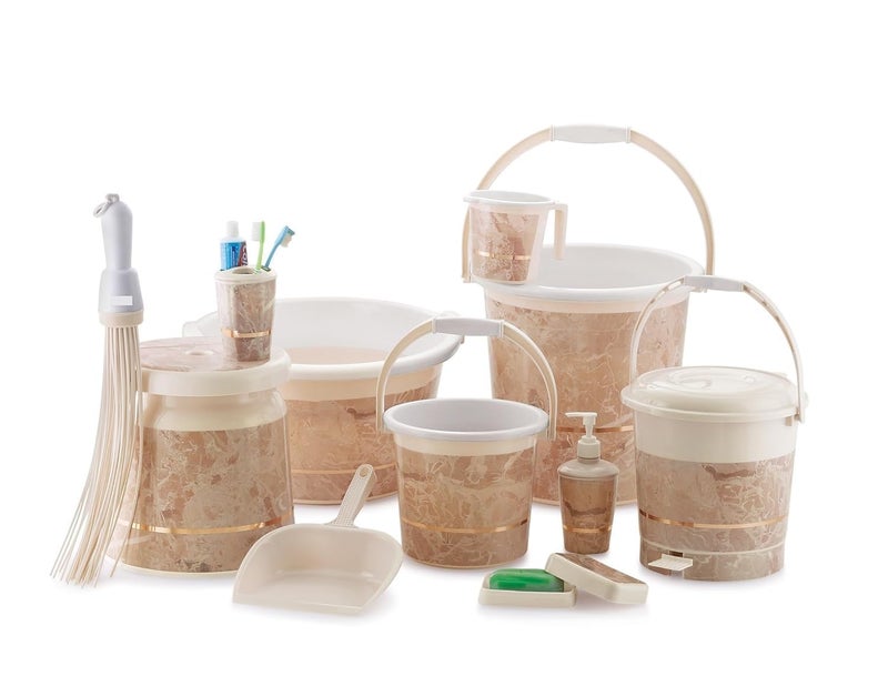 TeDeMel Tedemel Bathroom Set of 11 Products 20 LTR Bucket 1Ltr Mug 18 LTR Tub Dustbin Dustpan and Many More Made Plastic BeigeWhite  - Image 1