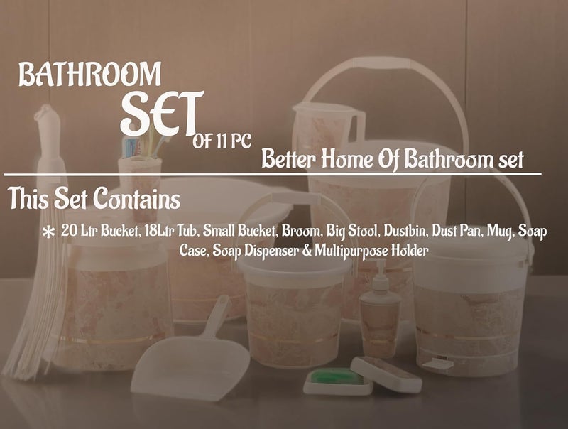 TeDeMel Tedemel Bathroom Set of 11 Products 20 LTR Bucket 1Ltr Mug 18 LTR Tub Dustbin Dustpan and Many More Made Plastic BeigeWhite  - Image 2