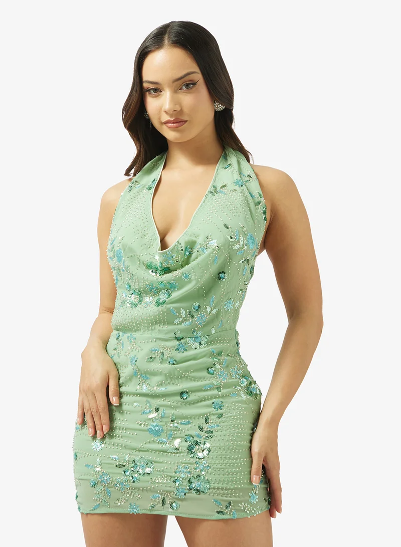 Ginger Halter Neck Bead Embellished Dress