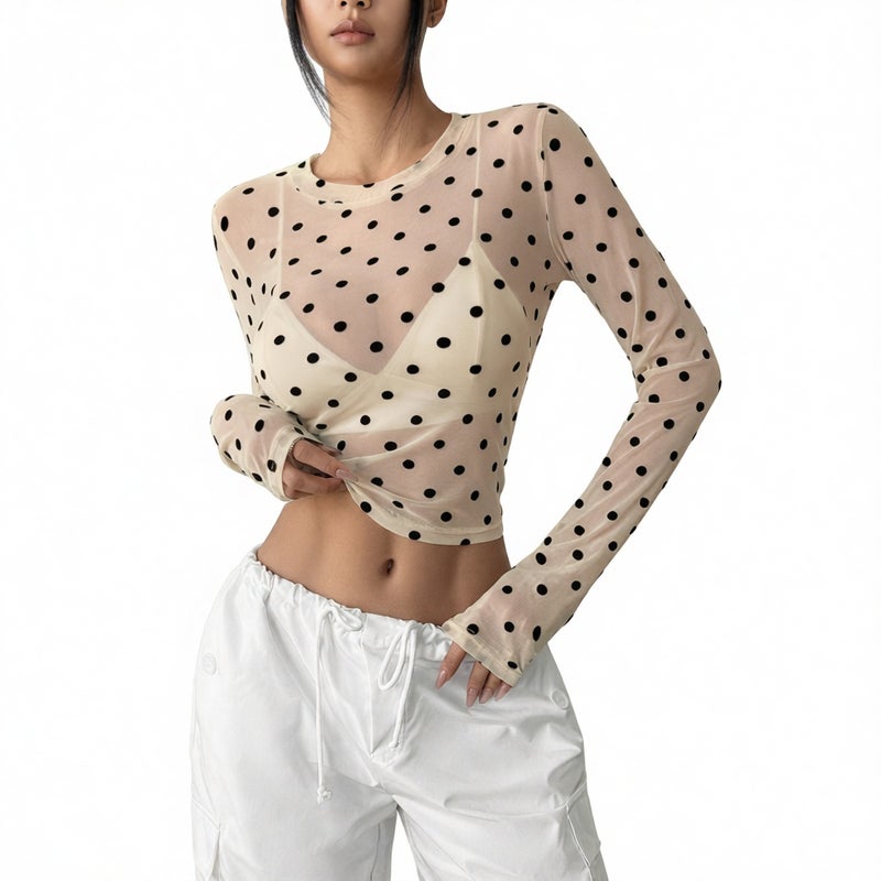 Sheer Mesh Long Sleeve T-Shirt with Polka Dot Design
