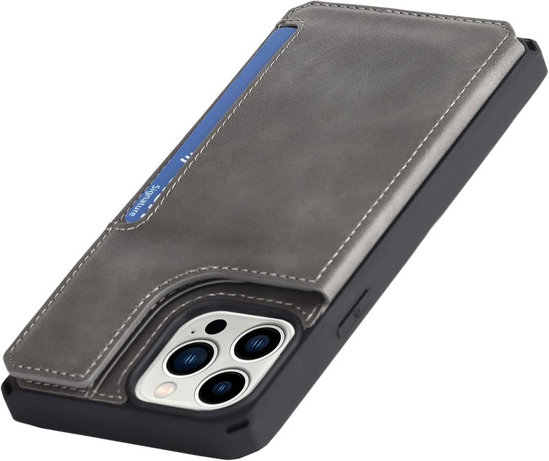 iCoverCase for iPhone 12/12 Pro Wallet Case with Card Holder, PU Leather Kickstand Magnetic Clasp Flip Shockproof Cover Case with Strap for iPhone 12/12 Pro - Gray - Image 5