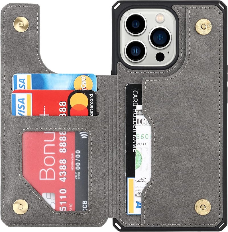 iCoverCase for iPhone 12/12 Pro Wallet Case with Card Holder, PU Leather Kickstand Magnetic Clasp Flip Shockproof Cover Case with Strap for iPhone 12/12 Pro - Gray - Image 2