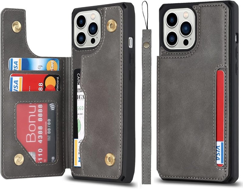 iCoverCase for iPhone 12/12 Pro Wallet Case with Card Holder, PU Leather Kickstand Magnetic Clasp Flip Shockproof Cover Case with Strap for iPhone 12/12 Pro - Gray - Image 1