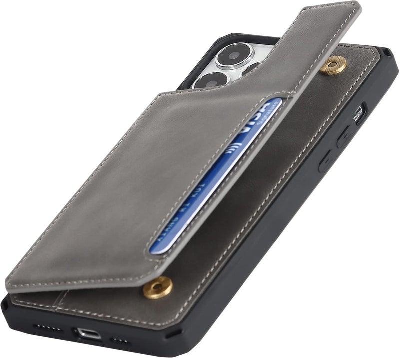 iCoverCase for iPhone 12/12 Pro Wallet Case with Card Holder, PU Leather Kickstand Magnetic Clasp Flip Shockproof Cover Case with Strap for iPhone 12/12 Pro - Gray - Image 4