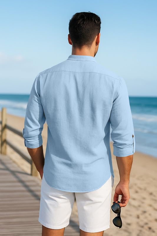 Macsivo Cotton Blned Solid Casual Short Kurta for Men Full Sleeve Band Collar Stylish Shirt Kurta for Men Sky - Image 3