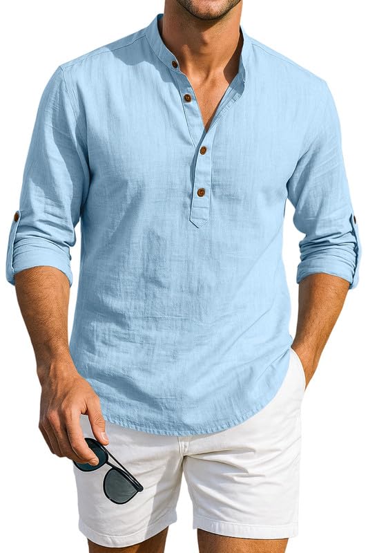 Macsivo Cotton Blned Solid Casual Short Kurta for Men Full Sleeve Band Collar Stylish Shirt Kurta for Men Sky - Image 1