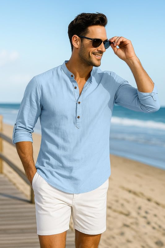 Macsivo Cotton Blned Solid Casual Short Kurta for Men Full Sleeve Band Collar Stylish Shirt Kurta for Men Sky - Image 4