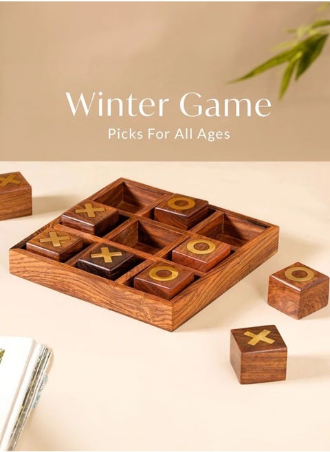 XO Board Game Premium handmade made of wood divided into squares with the symbols X and O drawn on them and characterized by its wooden base which makes it rest on the table or on the floor a table decor