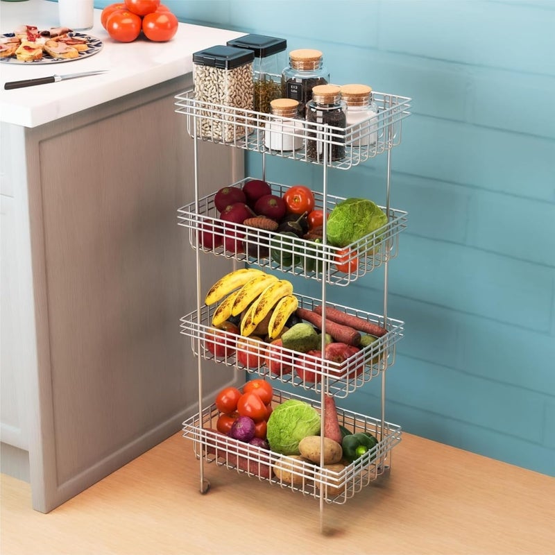 GOLDEX TURNOMATICS WITH LOGO GOLDEX TURNOMATICS WITH LOGO Wire 4Layer Multipurpose Fruits Vegetable StandKitchen Trolley SpaceSaving Onion Potato Rack for Kitchen Storage Vegetable Rack Silver  - Image 2