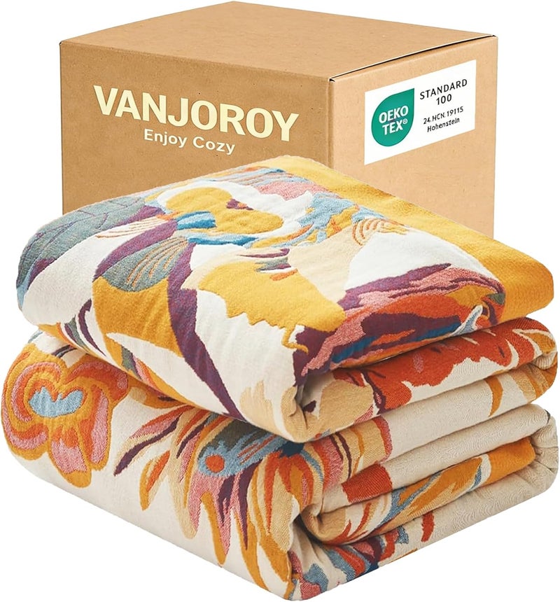 VANJOROY بطانية بوهو كبيرة من ، مصنوعة من قطن عضوي بنسبة 100%، ناعمة جدًا، مزينة بأزهار وفراشات وتصميم ريفي، بأبعاد 91" x 108". - Image 1
