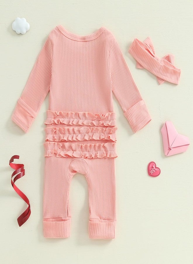 Giraropa Newborn Baby Girl Winter Clothes Ruffle Ribbed Knit Romper One Piece Long Sleeve Jumpsuit Cute Coming Home Outfit (Pink, Newborn) - Image 4