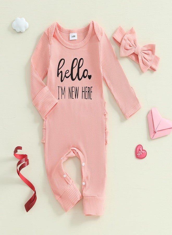 Giraropa Newborn Baby Girl Winter Clothes Ruffle Ribbed Knit Romper One Piece Long Sleeve Jumpsuit Cute Coming Home Outfit (Pink, Newborn) - Image 3