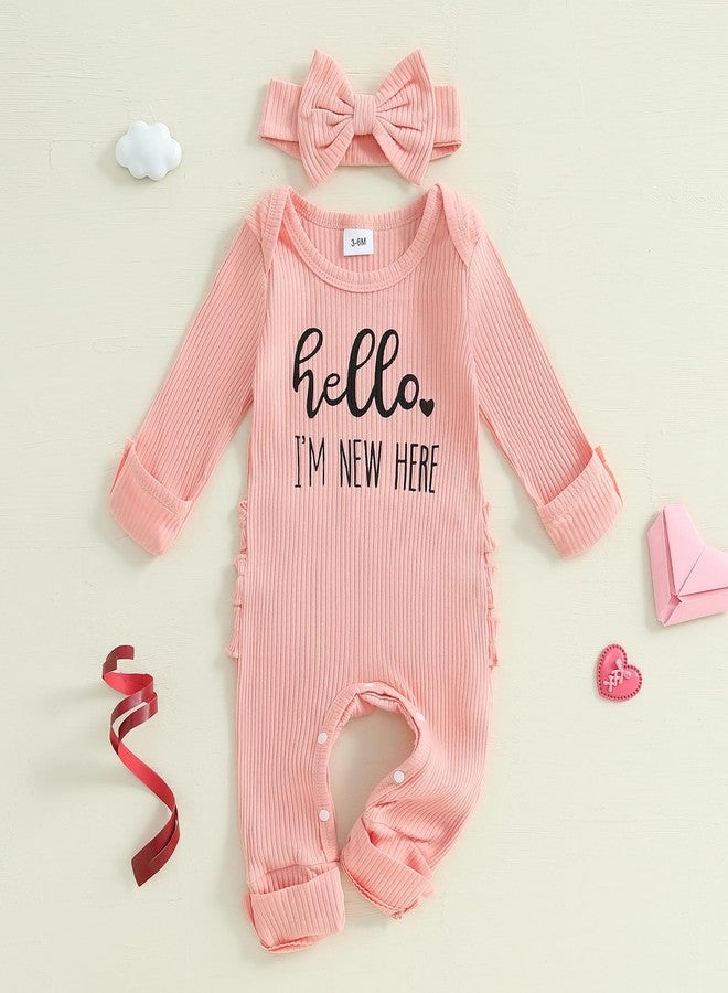 Giraropa Newborn Baby Girl Winter Clothes Ruffle Ribbed Knit Romper One Piece Long Sleeve Jumpsuit Cute Coming Home Outfit (Pink, Newborn) - Image 2