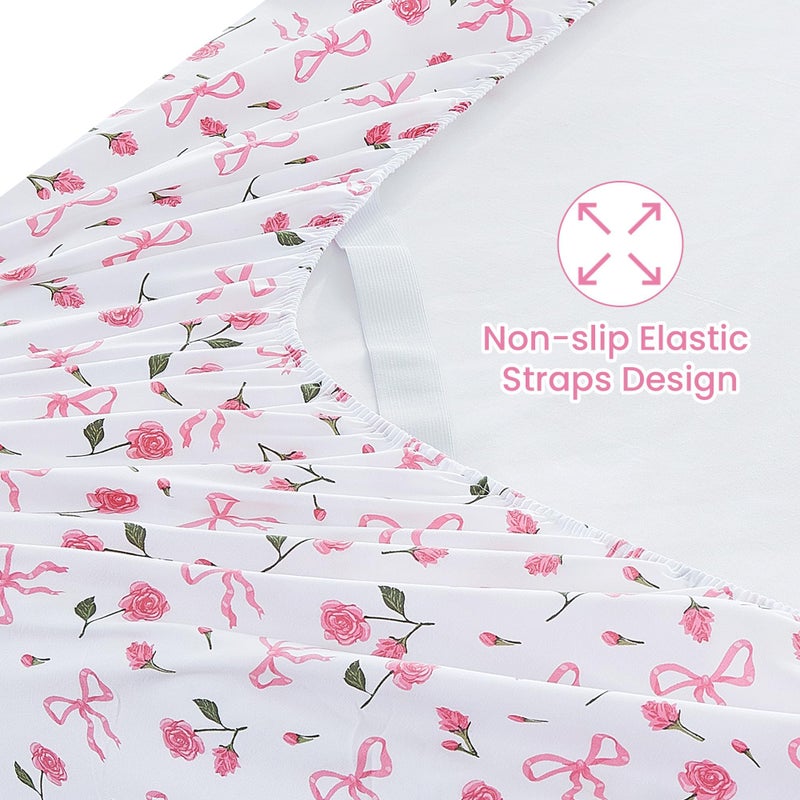 Softan Pink Floral Full Bed Sheets, Cozy Microfiber Flower Printed Sheets with 15" Deep Pocket Fitted Sheet & Non-Slip Straps, Patterned Pink Rose - Bow Sheets & Pillowcase Set - Image 2