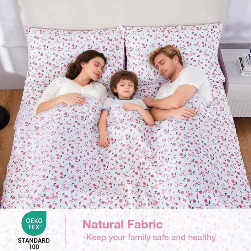 Softan Pink Floral Full Bed Sheets, Cozy Microfiber Flower Printed Sheets with 15" Deep Pocket Fitted Sheet & Non-Slip Straps, Patterned Pink Rose - Bow Sheets & Pillowcase Set - Image 5