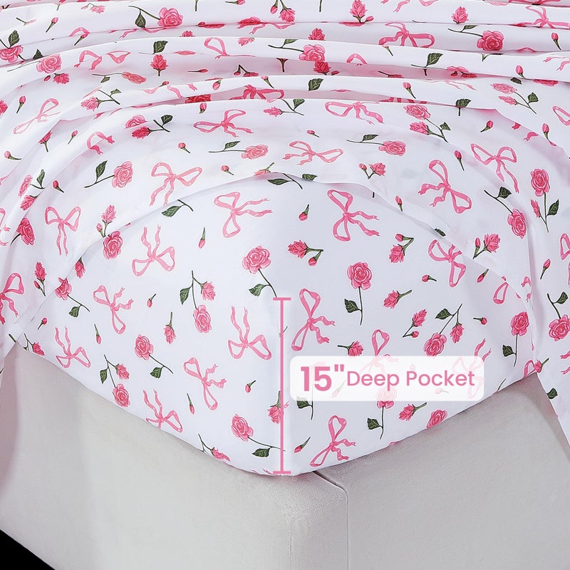 Softan Pink Floral Full Bed Sheets, Cozy Microfiber Flower Printed Sheets with 15" Deep Pocket Fitted Sheet & Non-Slip Straps, Patterned Pink Rose - Bow Sheets & Pillowcase Set - Image 4