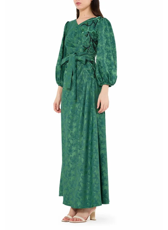 Amri Beautiful Asymmetrical Pattered Embroidered Long Dress With V-Neckline With Bishop Sleeves