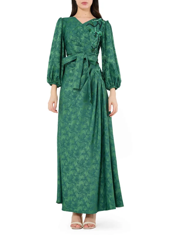 Amri Beautiful Asymmetrical Pattered Embroidered Long Dress With V-Neckline With Bishop Sleeves