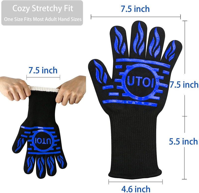 UTOI BBQ Gloves, 1472°F Heat Resistant Grilling Gloves, Silicone Non-Slip Long Cooking Gloves for Kitchen, Oven, Baking, Campfire and Smoker, EN407 Certified, Blue, XL Size, 1 Pair - Image 3