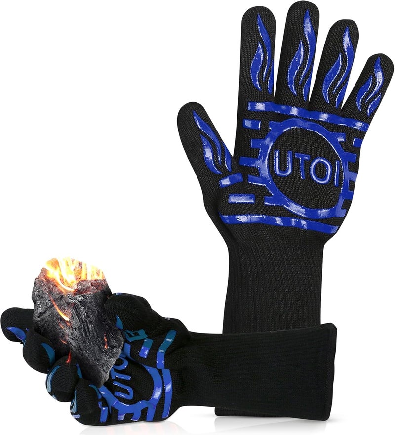 UTOI BBQ Gloves, 1472°F Heat Resistant Grilling Gloves, Silicone Non-Slip Long Cooking Gloves for Kitchen, Oven, Baking, Campfire and Smoker, EN407 Certified, Blue, XL Size, 1 Pair - Image 1