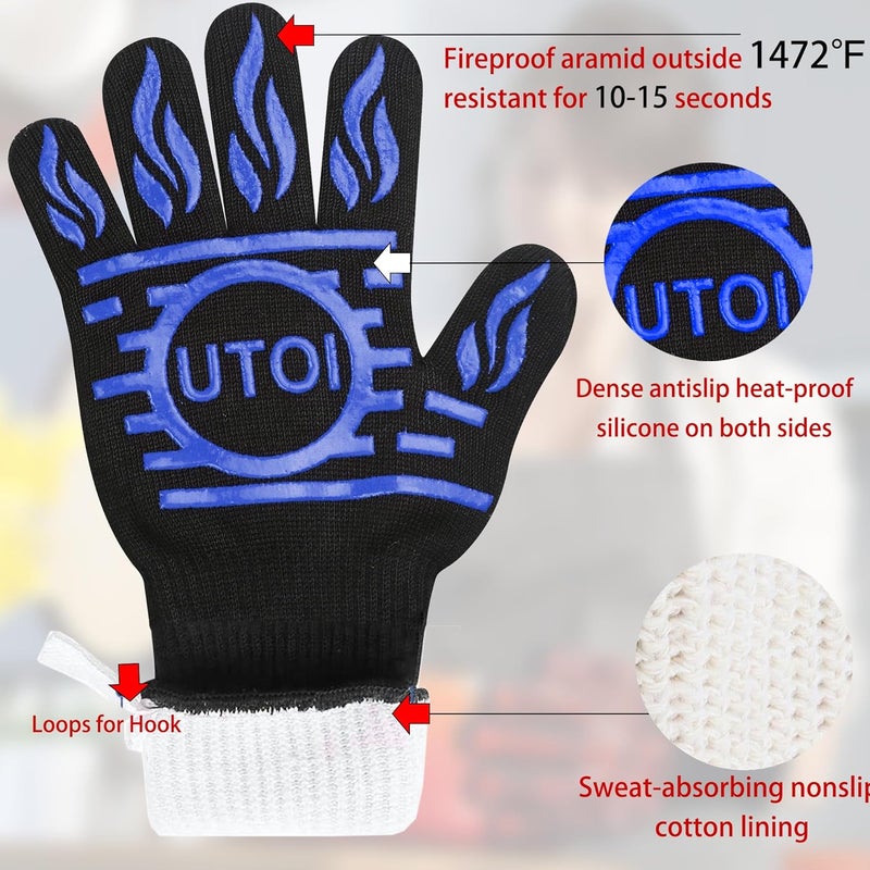 UTOI BBQ Gloves, 1472°F Heat Resistant Grilling Gloves, Silicone Non-Slip Long Cooking Gloves for Kitchen, Oven, Baking, Campfire and Smoker, EN407 Certified, Blue, XL Size, 1 Pair - Image 4