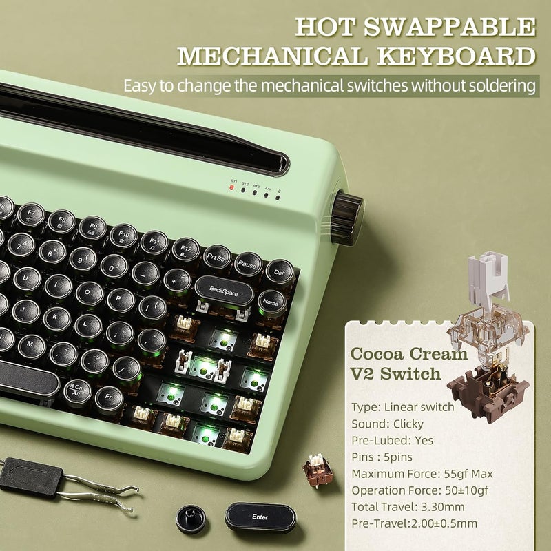 QL75 Wireless Typewriter Hot Swap Retro Mechanical Keyboard, Punk Round Keycaps, RGB Backlit QMK/VIA Programmable, Multi-Device Keyboard with 2.4GHz/Type-C/BT5.0 (Green, Cocoa Cream V2 Switch) | With Built-in Stand,Punk Round Keycaps,QMK/VIA Programmable,RGB for Multi-Device Keyboard with 2.4GHz/Type-C/BT5.0 - Image 4
