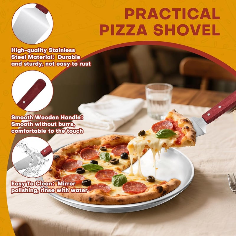 PLUVAVA 9 Pieces Pizza Pan Riser Stands Sets with 3 Metal Pizza Table Stands 3 Pizza Pans and 3 Wood Handle Pie Server Pizza Serving Tray Display Stands for Pizza Party Dessert Cheese Baking (9 PCS) - Image 4